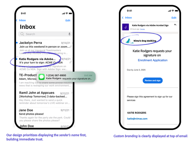 Email inbox example with requests for customer signatures in Acrobat Sign.