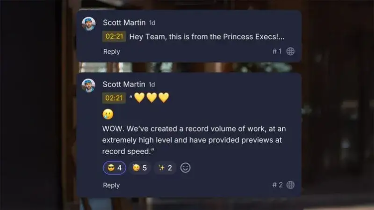 Two comments to the team appear in Frame.io.