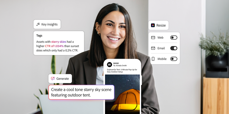 Smiling woman alongside on-screen visuals of a customer insight and the respective content generation prompt for AI.