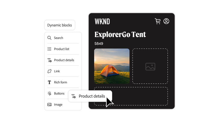 In the Adobe Commerce dynamic blocks menu, a cursor hovers over the product details option to drag it into a work-in-progress product page promoting an outdoor tent.