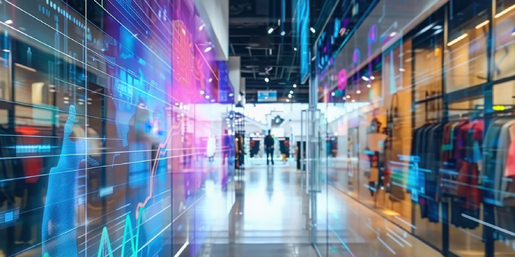 Futuristic digital graphics overlaying a shopping mall corridor with retail stores.
