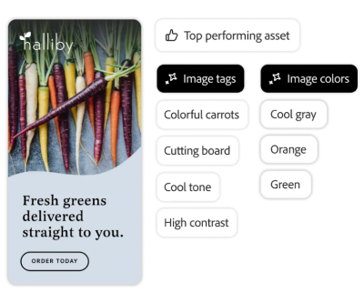 An ad showing multicolored heirloom carrots is accompanied by a “Top performing asset” tag, image color tags, and image content tags that read “Colorful carrots,” “Cutting board,”, “Cool tone,” and “High contrast.”