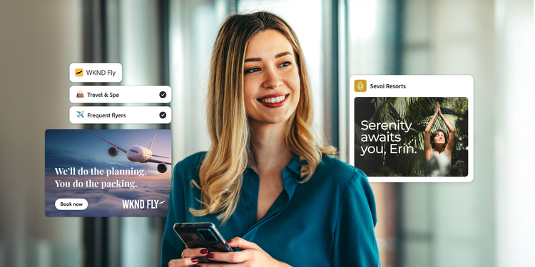 Smiling woman holding a phone, with personalized travel and spa ads from WKND Fly and Sevoi Resorts displayed around her, suggesting targeted customer experiences.
