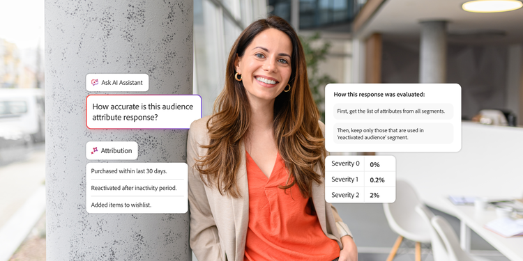Woman leaning against a pillar in a bright office alongside AI interface visuals showing insights and attribution details.