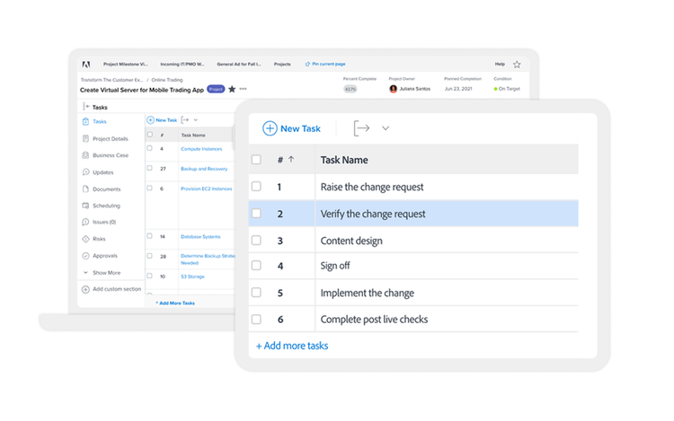 Screens shows task tracker for mobile app project with checklists, task overlay, and add-more option.