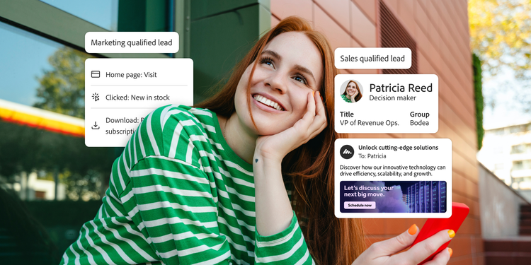 Smiling woman holding a phone, overlaid with marketing and sales lead data, including customer actions and personalized outreach for Patricia Reed.