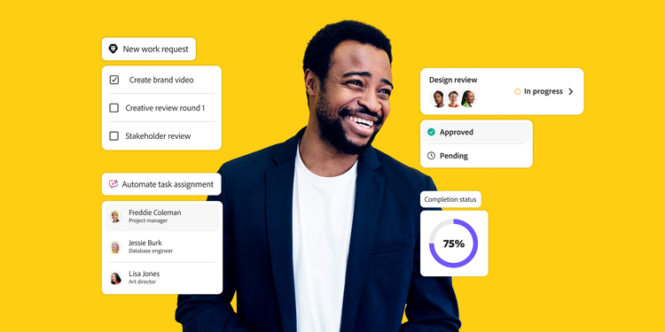 Man in blazer with task list, team assignments, and progress indicators showing 75% completion on a creative project.
