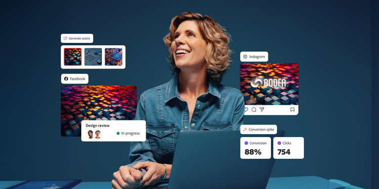 Woman at desk with floating UI panels showing asset generation, social previews, design status, and conversion metrics.