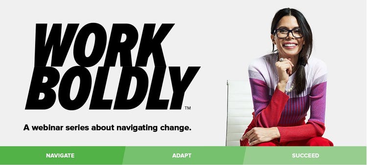A woman in a red dress wearing glasses sits by text that reads work boldly