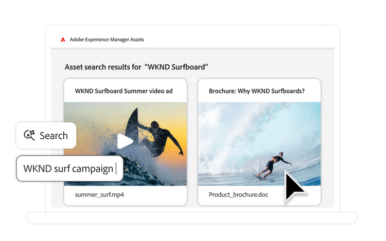 Interface displaying Adobe Experience Manager Assets search functionality.