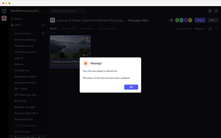 Workfront file addition confirmation screenshot
