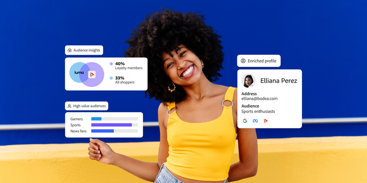 A person in front of a blue wall with overlays showing audience insights, enriched profile data, and high-value engagement segments.