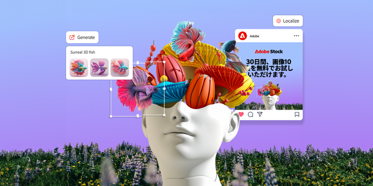A stylized digital image showing a white mannequin head against a background of purple sky and green fields. The head is creatively adorned with vibrant, colorful 3D designs, including fish and abstract shapes bursting from it. Overlaid interface elements depict Adobe Stock social media content and a selection panel titled Sunset 3D fish, highlighting creative digital asset generation.