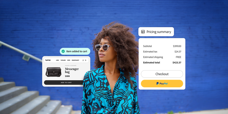 Woman standing in front of a bright blue wall. Overlays include a messenger bag and a pricing summary with a checkout button.