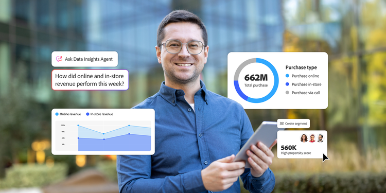 Illustration depicting a person interacting with an AI agent, overlaid with data charts and customer insights.