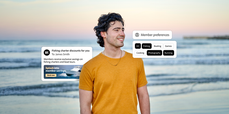 Man standing on the beach. Overlaid with an email message from a fishing charter company and a member preference checklist.