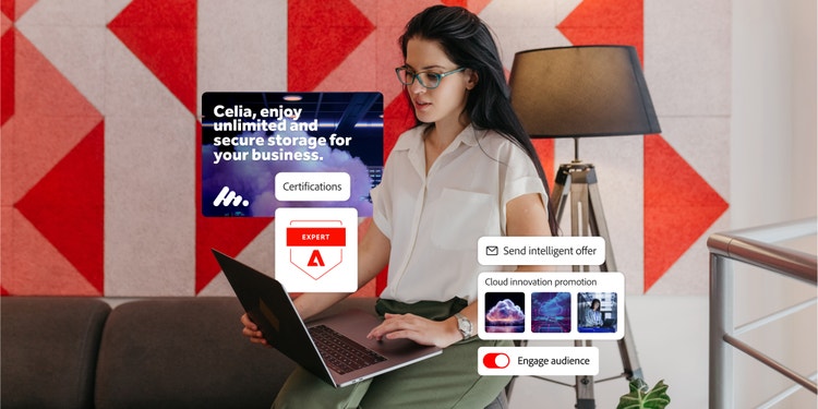 A woman seated on the arm of a sofa looking at a laptop, with icons on audience engagement and the Adobe Journey Optimizer certification.