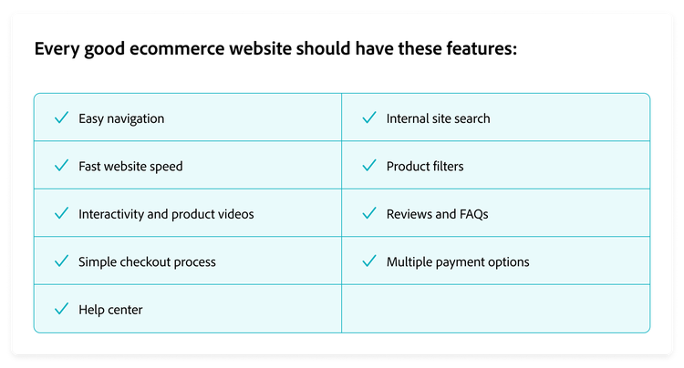 Checklist of must-have features for ecommerce websites like fast speed, filters, and easy checkout.