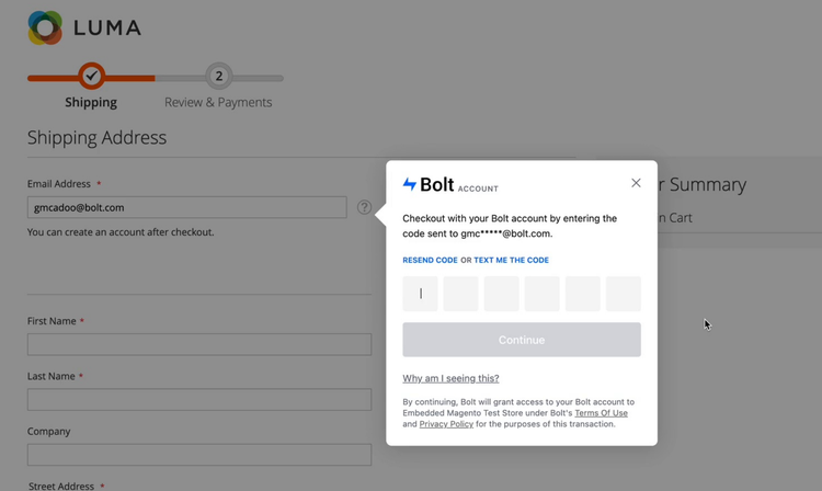 Bolt checkout popup screenshot