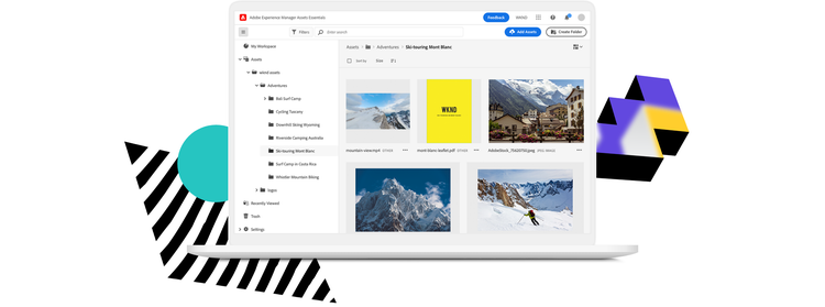 Adobe Experience Manager Assets Essentials screen on a laptop graphic