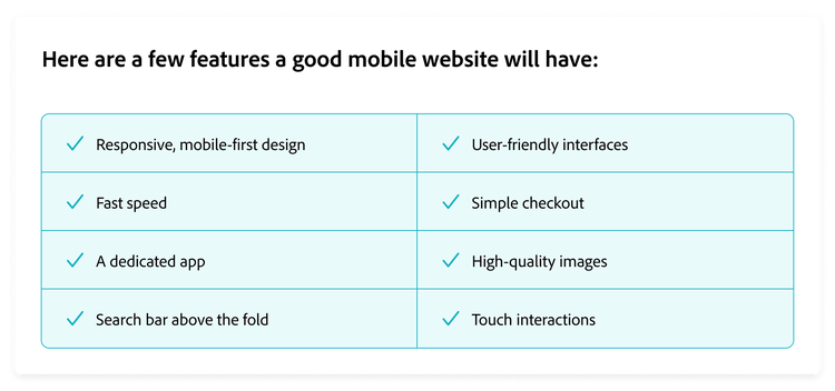 Key mobile website features including fast speed, simple checkout, and responsive design.