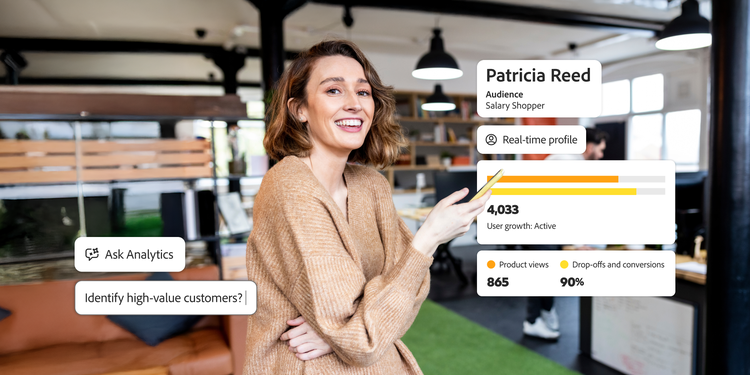Smiling woman in an office pointing at real-time customer analytics dashboard overlay.