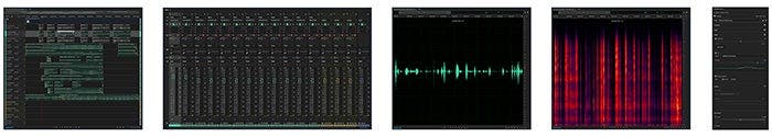 Photos of different audio production work options, like video, sound design, and music recording.