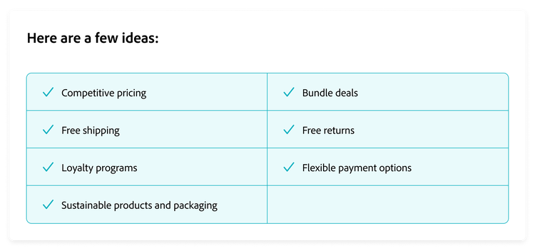 Ecommerce ideas like free shipping, bundle deals, loyalty programs, and flexible payments.