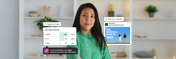 Ilustração mostrando métricas de engajamento de público-alvo em diversos canais, combinadas com recomendações impulsionadas por IA baseadas nesses insights.