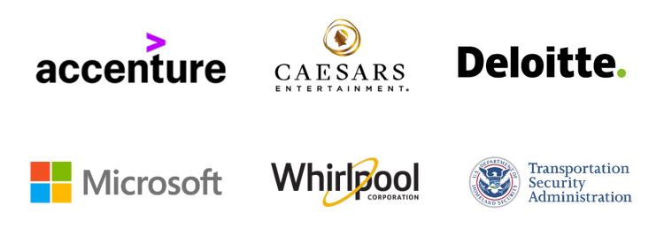 Exemplos de logotipo de clientes do Adobe Experience Manager, como Accenture, Caesars Entertainment, Deloitte, Microsoft, Whirlpool e Transportation Security Administration.