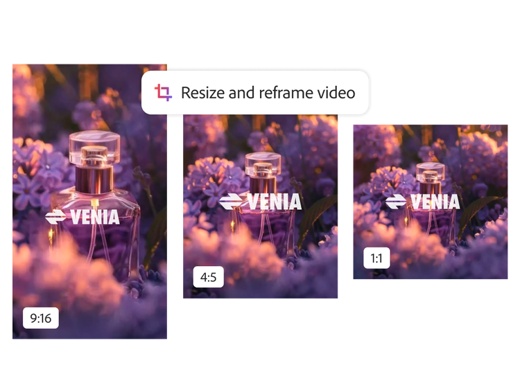 Três fotos promocionais de frascos de cosméticos cercados por flores roxas em diferentes tamanhos sendo exibidos com a ferramenta Redimensionar e Reenquadrar vídeo do Firefly.