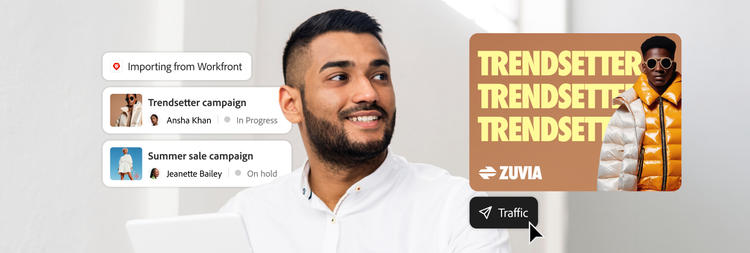 Profissional de marketing gerenciando um fluxo de trabalho de campanha colaborativo multitarefa