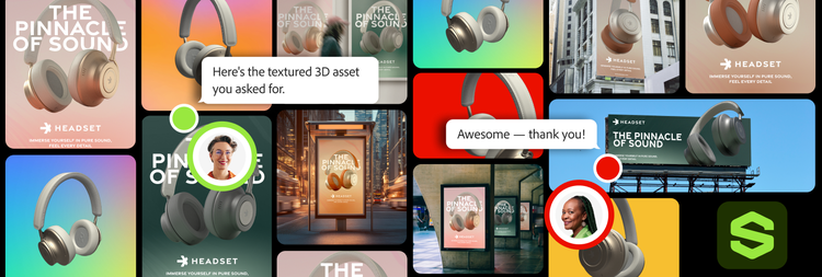 Diversas variações do produto (de fones de ouvido) em diferentes cores e materiais criadas usando o Adobe Substance 3D