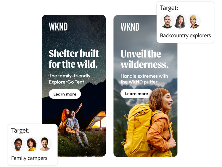 Marca de produtos para atividades ao ar livre mostrando diferentes opções de anúncio para diferentes públicos-alvo