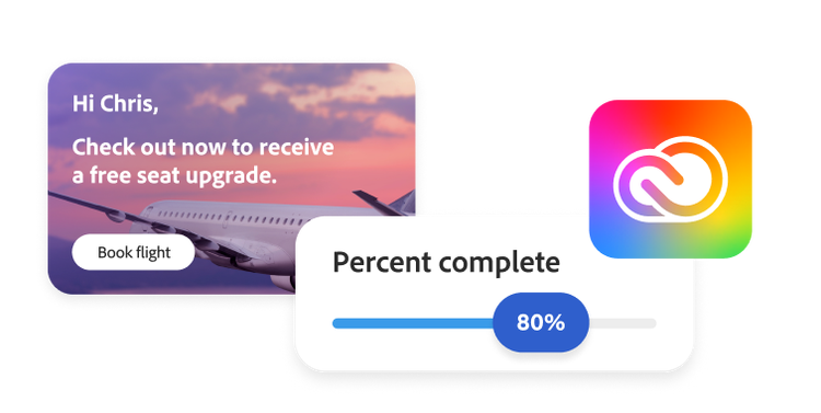 Exemplo do Workfront de integração à Creative Cloud mostrando conteúdo personalizado e o indicador de conclusão percentual dele.