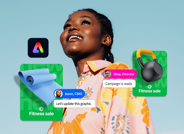 A woman smiling and looking up into the distance overlayed with the Adobe Express logo, campaign-approved images, and approval comments from two coworkers.