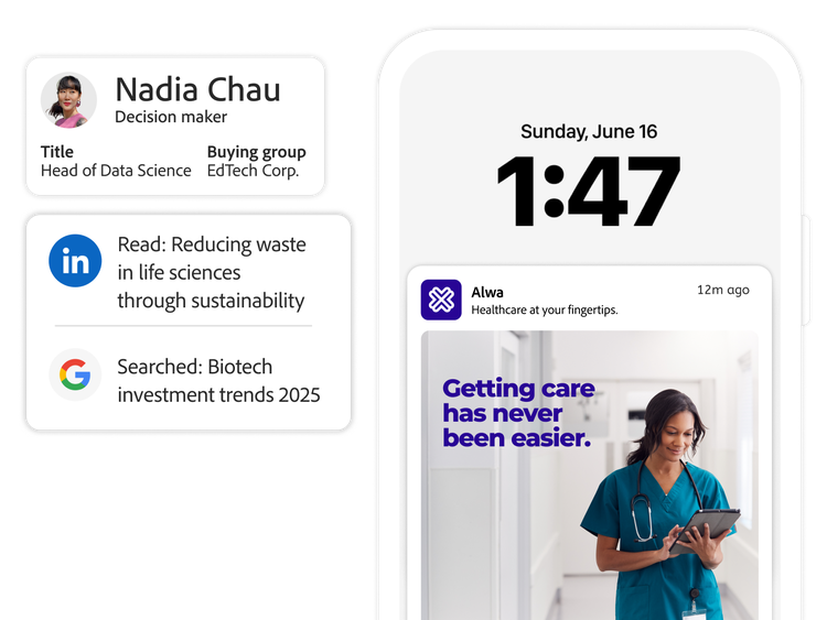 Publicité santé sur téléphone intelligent à côté d'un profil client et d'une activité récente