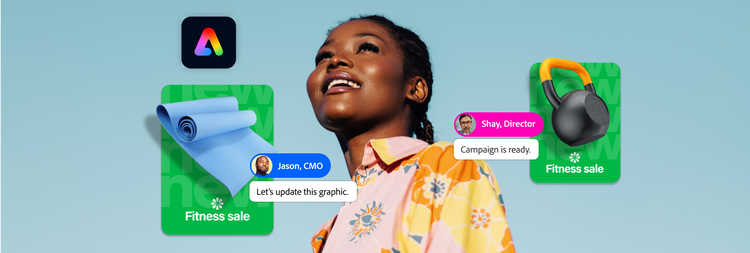 Image d'une femme souriante regardant au loin, sur laquelle sont incrustés le logo Adobe Express, des images approuvées pour une campagne et les commentaires de validation de deux collègues