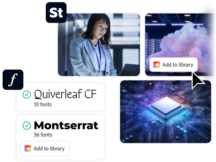 Fuentes y fotos con el cursor sobre el botón para agregarlas a la biblioteca de recursos de Adobe Creative Cloud