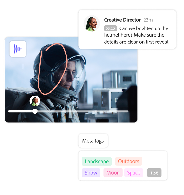 Un video en producción con marcas superpuestas, comentarios colaborativos y opciones de metaetiquetas sugeridas