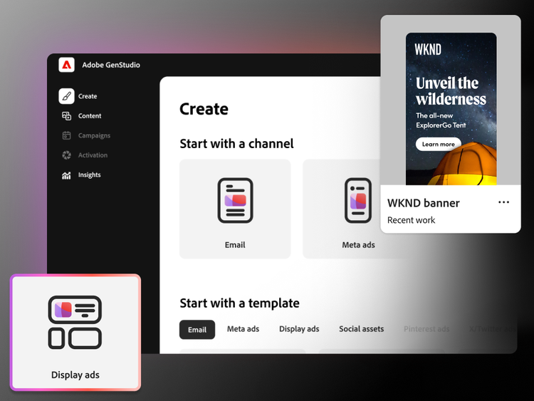 产品 UI，展示如何在 GenStudio for Performance Marketing 中为特定渠道生成广告变体。