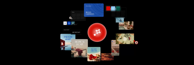 Animated walkthrough of Adobe Brand Brain showing ideation, agent training, template creation, and then final assets.