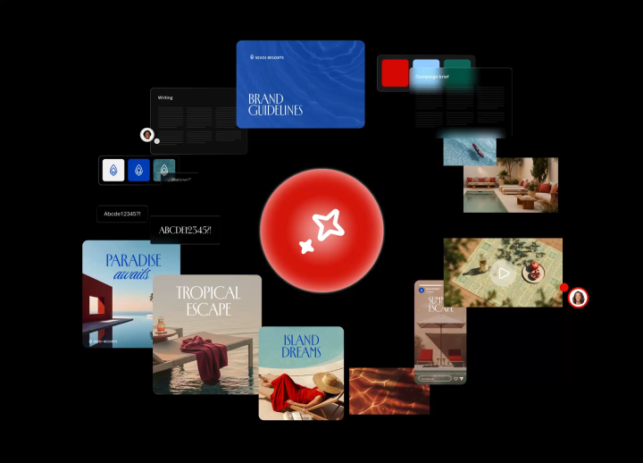 Animated walkthrough of Adobe Brand Brain showing ideation, agent training, template creation, and then final assets.