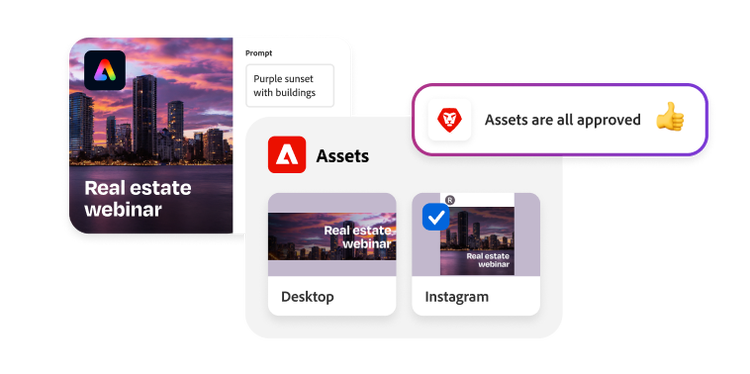 Graphic showing how Content Supply Chain solutions leverages the power of Adobe Express, Assets, and Workfront in harmony.