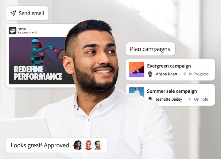 Experto en marketing administra un flujo de trabajo de planificación de campañas colaborativas y de múltiples tareas