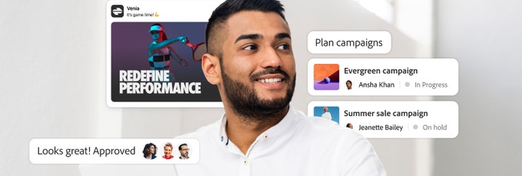 Experto en marketing administra un flujo de trabajo de planificación de campañas colaborativas y de múltiples tareas