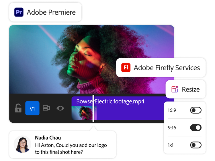 Menú de Adobe Firefly dentro de Adobe Premiere para cambiar el tamaño de la relación de aspecto de los recursos.