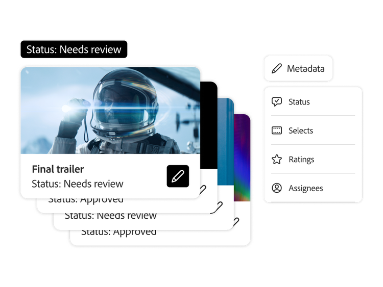 La interfaz de administración de archivos de Frame.io muestra los recursos de medios con los estados “Necesita revisión” y “Aprobado”, junto con un menú de metadatos y opciones de filtros.