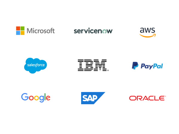 Cette image inclut les logos de Microsoft, servicenow, aws, salesforce, IBM, PayPal, Google, SAP et Oracle.
