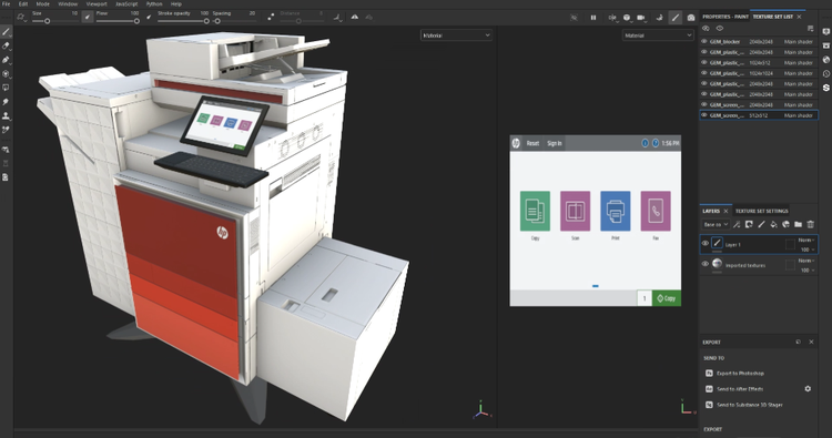 3D Digital Twin of the HP LaserJet textured in Substance 3D Painter.